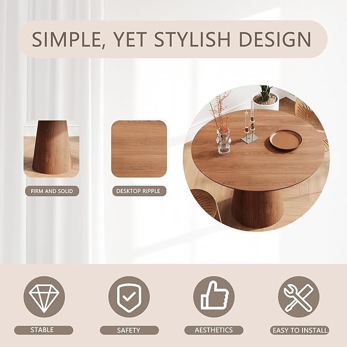 Round Dining Table for 4, 43" Wood Round Kitchen Table, Circle Dining Tables for Kitchen Living Room, Small Spaces