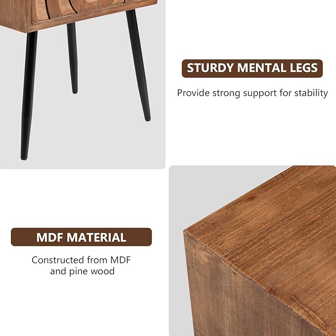 COSIEST End Tables Set of 2, Mid Century Modern Nightstands, Wood Bedside Tables, Accent End Tables with One Storage Drawer for Living Room, Bedroom (Brown, Circle Pattern)
