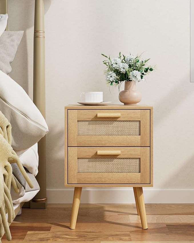 Masupu Rattan Night Stand,Modern nightstand Boho Bedside Table with 2 Drawer,Small End Side Table for Bedroom,Living Room,Office,Natural