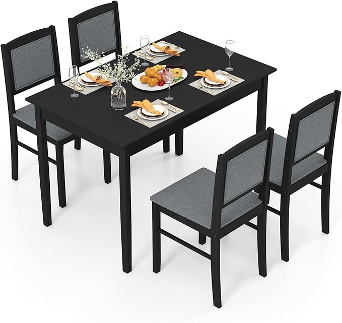 Giantex 5-Piece Dining Table Set for 4 - Breakfast Nook Table Set with Kitchen Table, 4 Upholstered Chairs, Wood Legs, Space-Saving Dinette Set, Kitchen Table Chairs Set of 4 (Black+Grey)