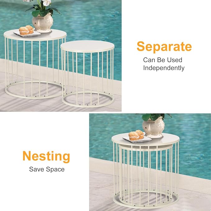 LEWIS&WAYNE Outdoor Side Table Set of 2, Metal Circle Accent End Tables for Balcony Backyard Garden Indoor Living Room, Durable Nesting Coffee Tables, 20”+16” Dia, White