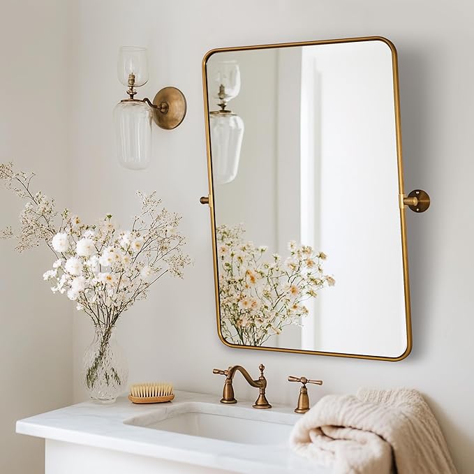 ANDY STAR Gold Pivot Mirror, 20" x 28" Brushed Brass Metal Frame Vanity Mirrors for Over Sink, Farmhouse Rectangle Bathroom Mirror with Adjustable Tilting Design Wall Mounted