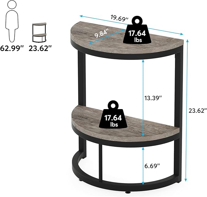 Tribesigns 2-Tier End Table Semi Circle, Small Half Round Side Table with Storage Shelf, Wood Accent Table Slim C Table for Sofa Couch, Living Room, Bedroom, Easy Assembly, Rustic Grey & Black