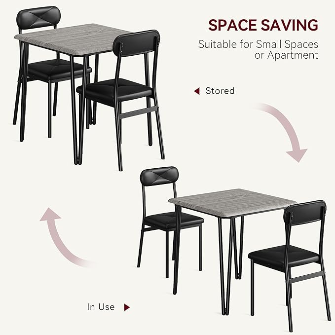 IDEALHOUSE Dining Table Set for 4, Kitchen Table with Upholstered Chairs for Kitchen Room and Small Spaces (Grey, Table with 2 Upholstered Chairs)