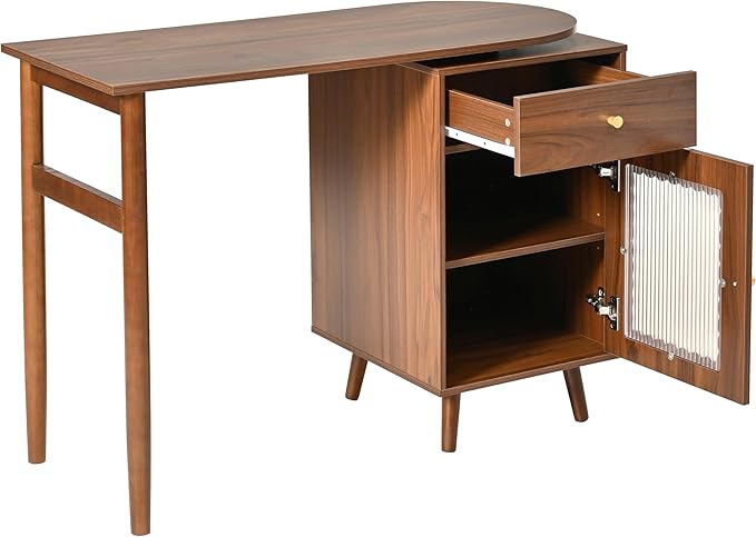 Merax Computer Desk with 90 Degree Rotating Desktop, L Shaped Office Desk with Storage Drawer and Cabinets, Writing Desk with Shelves for Study, Work Desk for Office Bedroom Living Room, Walnut