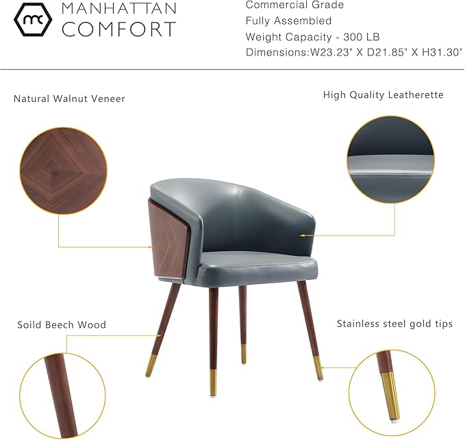 Manhattan Comfort Reeva Modern Dining Chair Upholstered in Tight Fit Leatherette, Accent Furniture with Solid Beech Wood Frame & Legs with Stylish Gold Tips, Graphite Grey