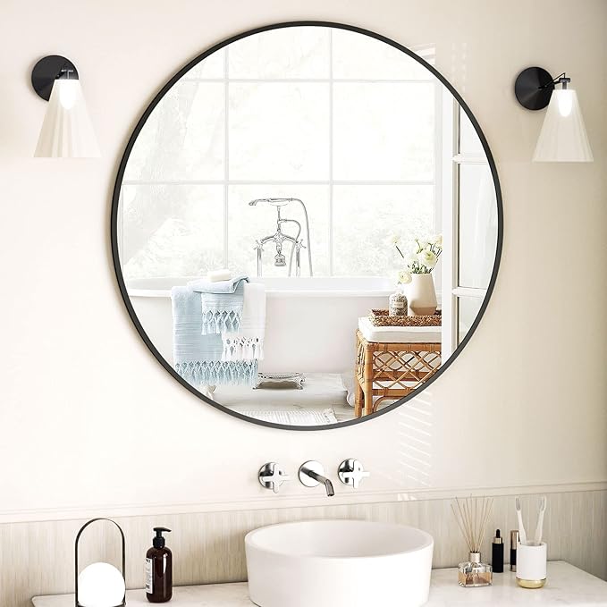 Round Mirror 36" Black Wall Mounted Circle Mirrors Vanity Mirror with Aluminum Alloy Frame Modern Decoration for Bathroom, Living Room, Vanity, Bedroom, Entryway