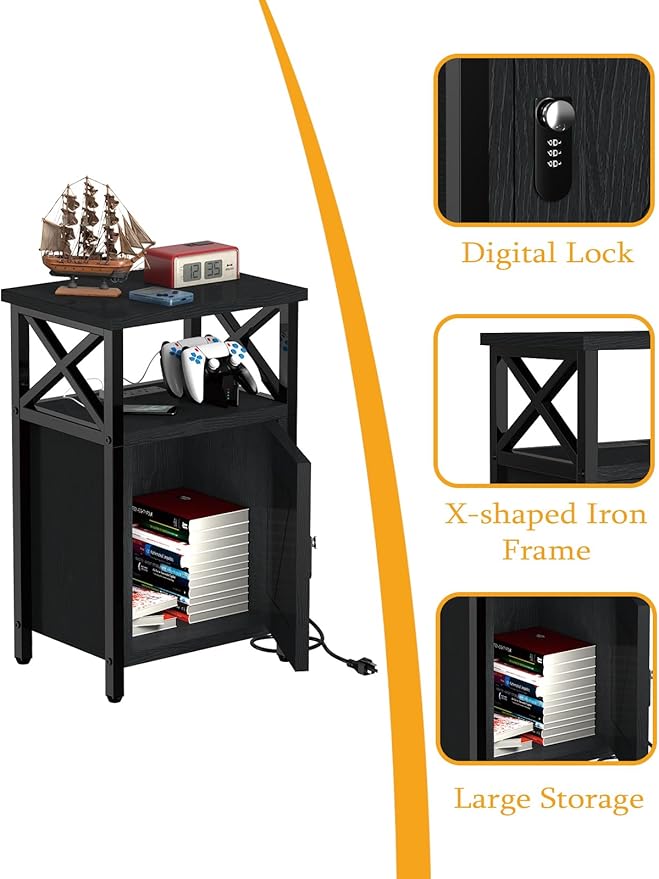 Wooden Nightstand with Charging Station, Bed Side Table with Drawers, Bedside Table with Lock, 3 USB & 2 Outlets, Night Stand with Storage, End Tables for Living Room, Bedroom, Dorm, Black