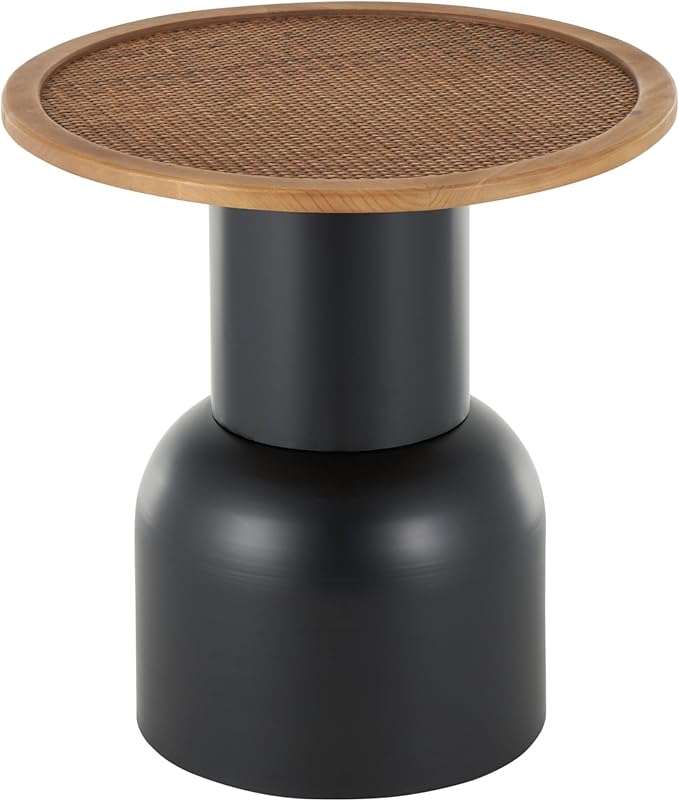 Deco 79 Metal Handmade Side End Accent Table Pedestal End Table with Brown Rattan Tabletop, Side Table 19" x 19" x 20", Black
