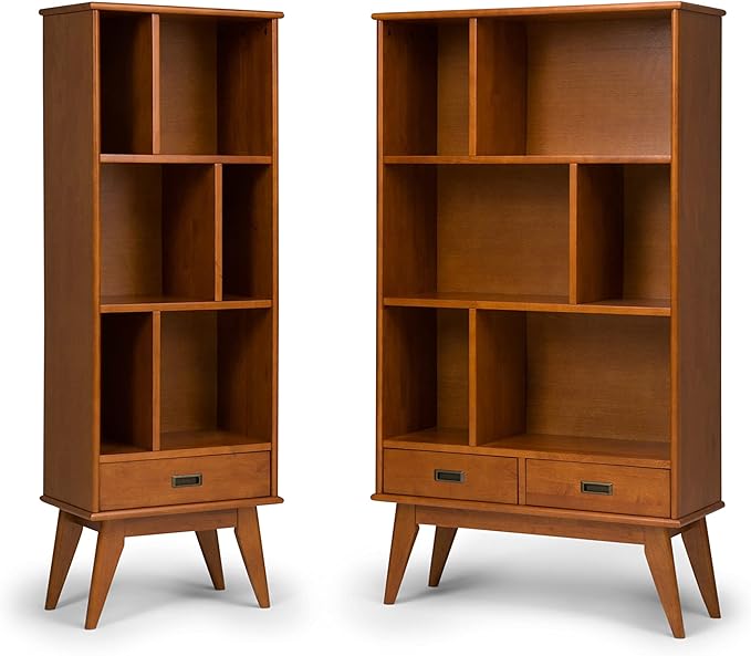 SIMPLIHOME Draper Bookcase - 64 inch Tall Solid Hardwood Wide Storage Bookshelf in Teak Brown, Mid-Century Modern Storage for Living Room, Study Room or Office with Adjustable Shelves and Tapered Legs