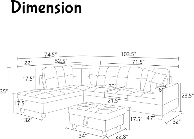 Modern Living Room Furniture Sets with Pillows, Modular Sectional Couches with Chaise Lounge, 4-Seaters L Shape Sofa with Storage Ottoman, for Living Room, Light Grey