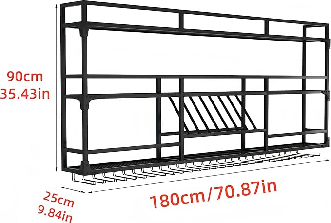 Metal Wall-Mounted Wine Rack with LED Light - 3 Tier Wine Storage Display Rack with Glass Holder - Space-Saving Bottle Display Shelf for Home Bars, Dining Rooms(Black, 71in/180cm)