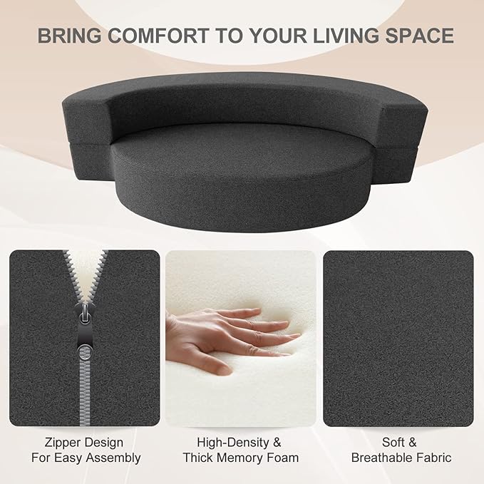 Modern Folding Sofa Bed Couch Memory Foam with 2 Pillows Sleeper Sofa futon Couch for Bedroom Living Room Guests, Washable Set, Stylish Oval 76''L × 41.5''D × 10''H,Dark Gray