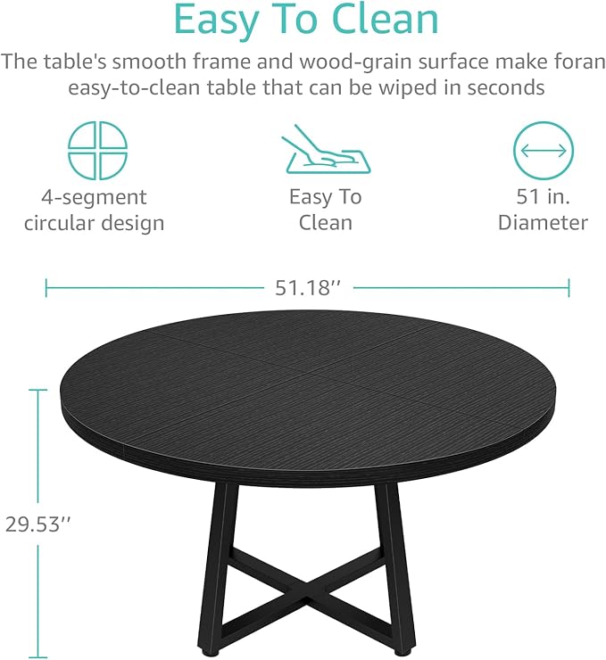 Black Round Dining Table for 6 - Modern Circle 51 Inch Large Room Kitchen Dinning Tables for 4 to 6 Person Seats Small Spaces Wood Dinner Mesa De Comedor Redonda