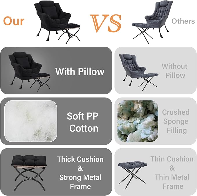 Lazy Chair with Ottoman, Comfy Reading Chair with Footstool & Pillow Modern Lounge Chair with Armrests & Side Pocket for Living Room, Bedroom, Dorm Room，Black