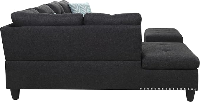 Ball & Cast 98" L Shaped Sectional Couch for Living Room with Chaise & Storage Ottoman,4 Seat Linen Upholstered Modular Sectional Sofa Set 3 PCS W/Cup Holders & Coffee Table,for Home,Office,Charcoal