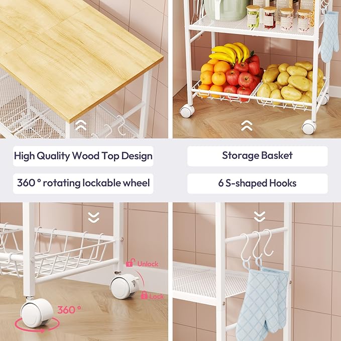 SWTYMIKI Rolling Kitchen Microwave Cart - 3 Tier Microwave Table Stand with Storage Basket and Hooks, Kitchen Utility Cart on Wheels, Coffee Cart Shelf Rack Organizer for Living Room Office, Balcony