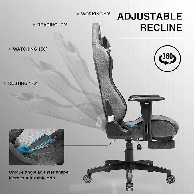 GTRACING Gaming Chair with Footrest, Fabric Breathable Big and Tall Ergonomic Computer Chair 350 lbs with Adjustable Lumbar Support and Recliner，High Back Game Chair for Office Gaming, Grey