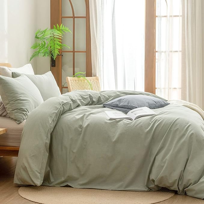 BESTOUCH Duvet Cover Set 100% Washed Cotton Linen Feel Super Soft Comfortable Chic Lightweight 3 PCs Home Bedding Set Solid Sage Green Super Queen