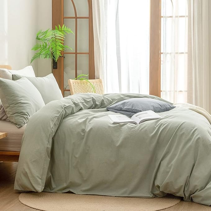 BESTOUCH Duvet Cover Set 100% Washed Cotton Linen Feel Super Soft Comfortable Chic Lightweight 3 PCs Home Bedding Set Solid Sage Green Super King