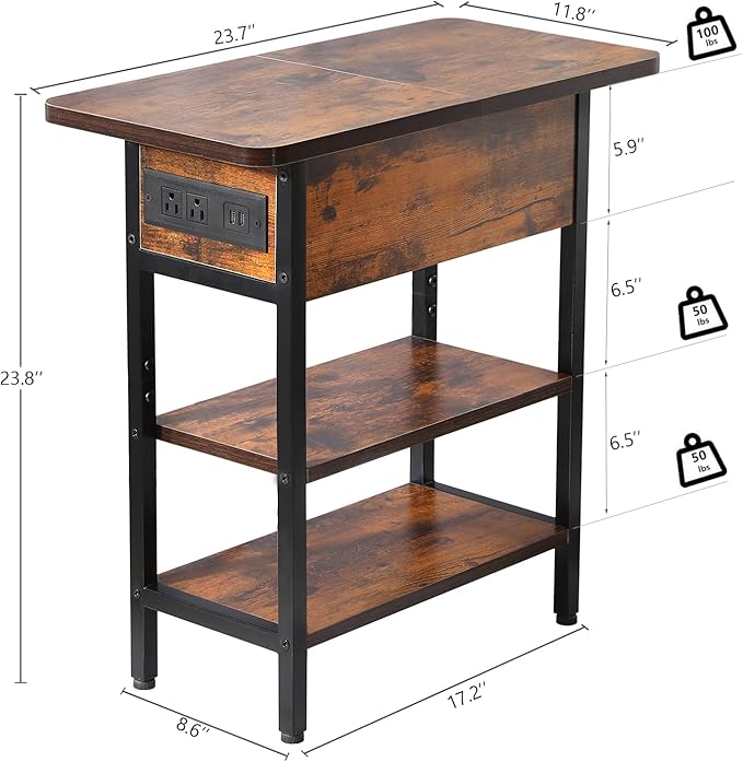 Modern End Table with Charging Station, Narrow Side Table with USB Ports & Outlets, Flip-Top Nightstand with Storage Shelf, Small Bedside Table for Living Room, Bedroom, Small Space,Rustic Brown