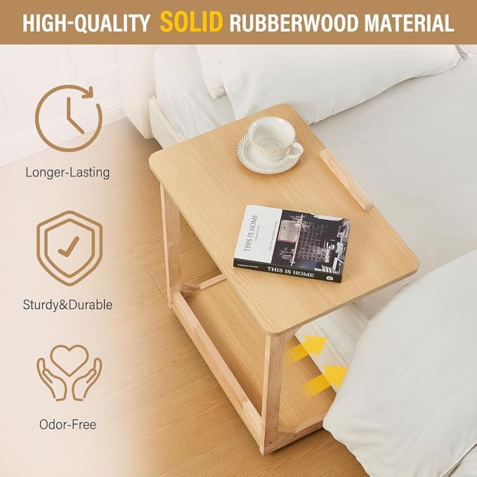 CozyDH Adjustable C Shaped End Table, Rolling Side Table Solid Wood TV Sofa Tray Table for Couch Arm Eating Multi-Purpose, Small Coffee Table with Wheels Living Room Bedroom, Natural