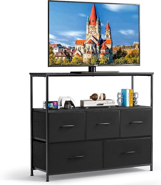 TV Stand, 5 Fabric Drawers Dresser Entertainment Center for TV up to 45 inch Wooden Media Console Table Storage Organizer with Open Shelf, for Living Room, Bedroom, or Small Space, Black