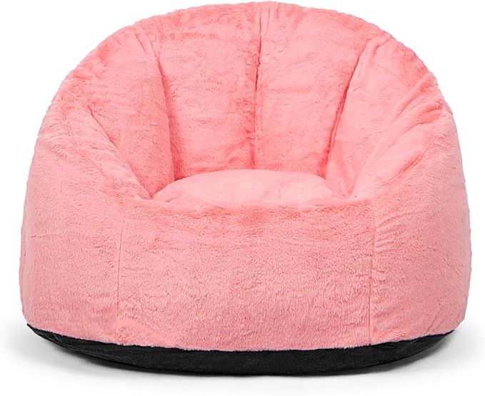 N&V Medium Shell Bean Bag Chair, Adult Size Bean Bag Sack, Foam Filling, Includes Removable and Machine Washable Cover, 37in, Soft Faux Fur, Pink