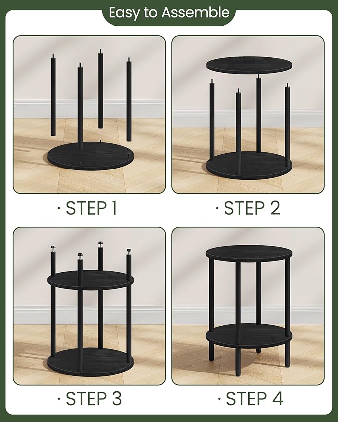 Round Side Table, 2-Tier End Table, Small Side Table with Metal Tube, Industrial Coffee Table, for Living Room, Bedroom, Black TBZ11BB