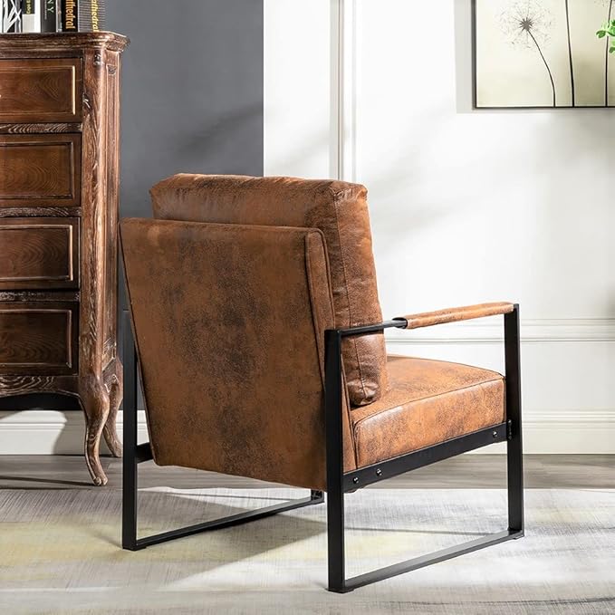 Container Furniture Classic Mid Century Modern Accent Chair with Durable Square Metal Frame, Armchair for Living Room, Bedroom, Home Office in Spotted Microfiber Upholstery, Light Brown