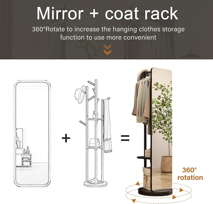 70"x16"Full Length Mirror with Stand,Coat Rack with Mirror,Solid Wood Floor Mirror,Swivel Mirrorfor Bedroom, Living Room, Cloakroom