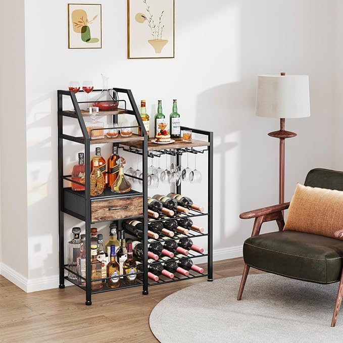 HapiRm Wine Rack Freestanding Floor - Multi-Tier Liquor Cabinet with Fabric Drawer, Liquor Bottle Display Shelf with Glass Holder, Vintage Whiskey Cabinet for Home
