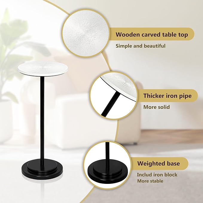 Drink Table, Carved Table Top Martini Table, Small Side Table, Weighted Base Pedestal Table for Living Room, Bedroom, Modern, White and Black