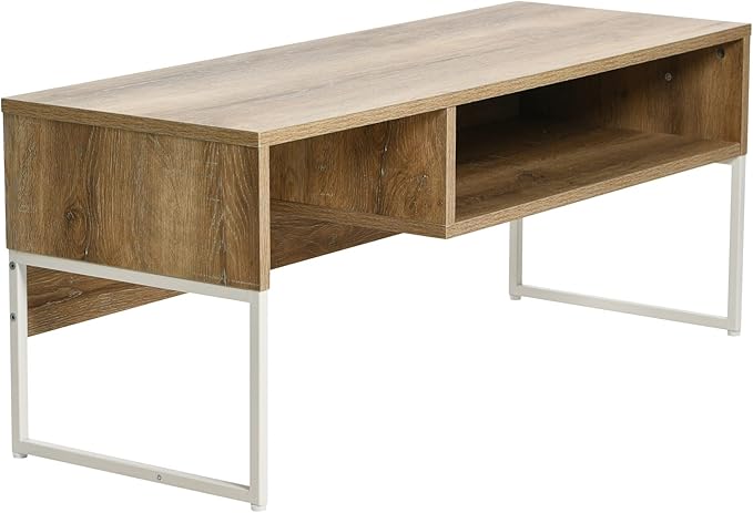 Household Essentials Wrap TV Stand with Rectangular Storage Compartment Coastal Oak Rustic Wood Grain and White Metal