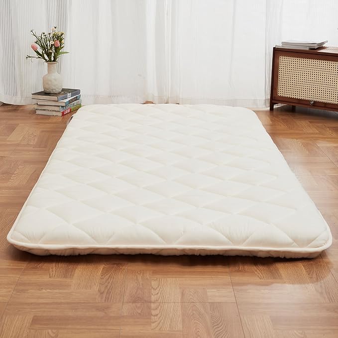 Japanese Floor Futon Mattress, Tatami Mat Sleeping Pad, Shikibuton, Mattress Topper, Boys Girls Roll Up Dormitory Mattress, Foldable & Portable Floor Lounger Bed, Guest Bed (Cream, Full)