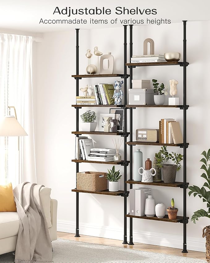 ALLZONE 5 Tiers Narrow Bookshelf, Tall Adjustable Ladder Book Shelf with Open Storage, Floor to Ceiling Tension Mount, Wooden Industrial Bookcase for Living Room, 92 to 116 Inch, Brown