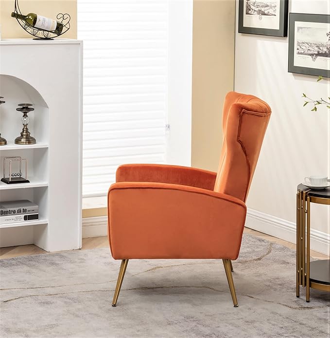 Container Furniture Direct Modern Velvet Accent Chair, Channel Tufted Bedroom, Office or Living Room Furniture with Elegant Metal Legs, 26" Wide Armchair, Orange Red