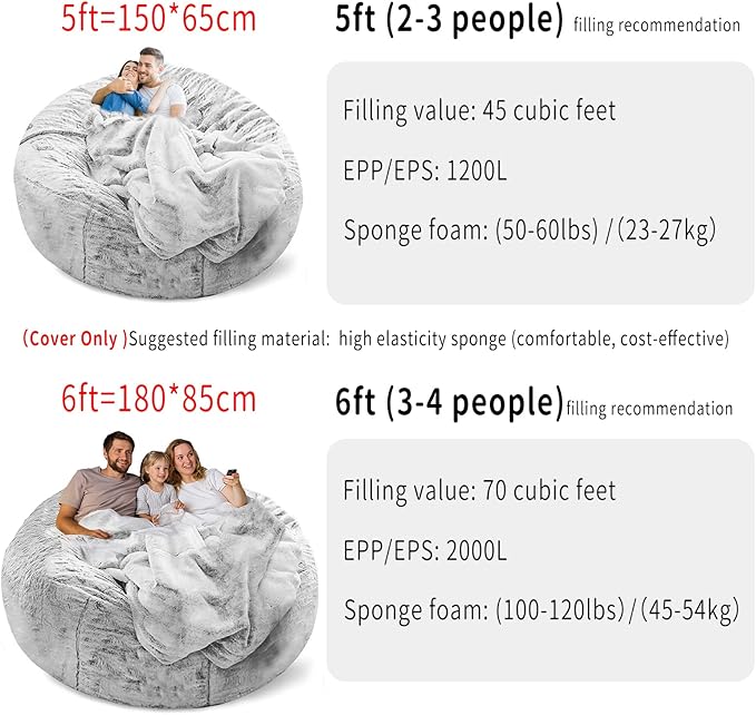 (No Filler) Bean Bag Chair Cover Without Filler,Big Round Soft Fluffy PV Velvet Washable Bean Bag Lazy Sofa Bed Cover for Adults,Living Room Bedroom Furniture Outside,5ft Dark Grey