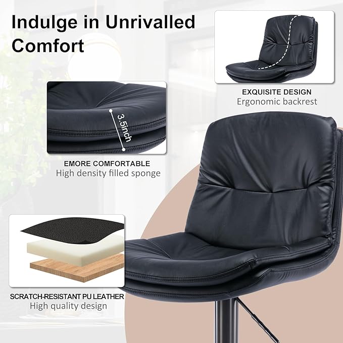 CozyRain Bar Stools Adjustable Stainless Steel Swivel Barstool with Back and Footrest,Modern Faux Leather Upholstered Bar Chairs for Home,Kitchen,Bar, Counter Black/Light Brown (Black)