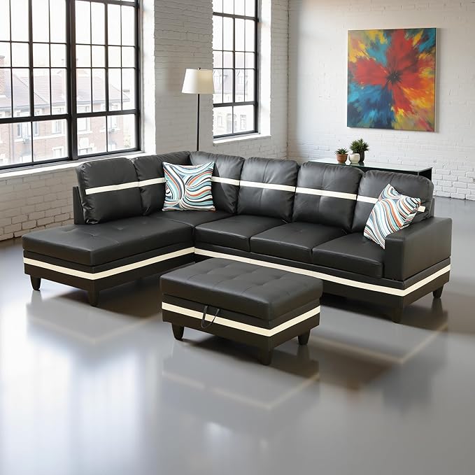 L Shaped Couch PU Leather Sectional Couch Upholstered 3 Pieces Sofas for Living Room with Chaise, Storage Ottoman for Office and Small Apartment, Black
