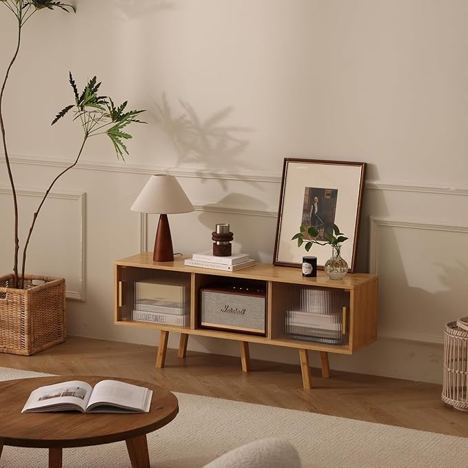 Bamboo TV Stand Entertainment Center- Mid-Century Modern Television Stand for 50 inch TVs, Bamboo Media Console Table, Open Storage Shelves for Living Room, Bedroom and Home Decor