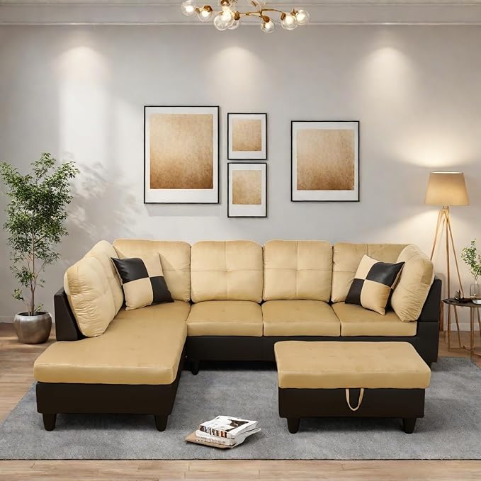 Modern Living Room Furniture Sets with Pillows, Modular Sectional Couches with Chaise Lounge, 4-Seaters L Shape Sofa with Storage Ottoman, for Living Room, Beige and Brown