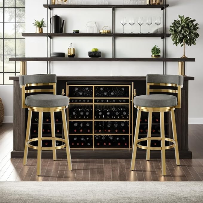 Armen Living Madrid 30" Seat Height Swivel Modern Vintage Gray Faux Leather and Gold Brushed Stainless Steel Bar Stool for Kitchen Island Counter