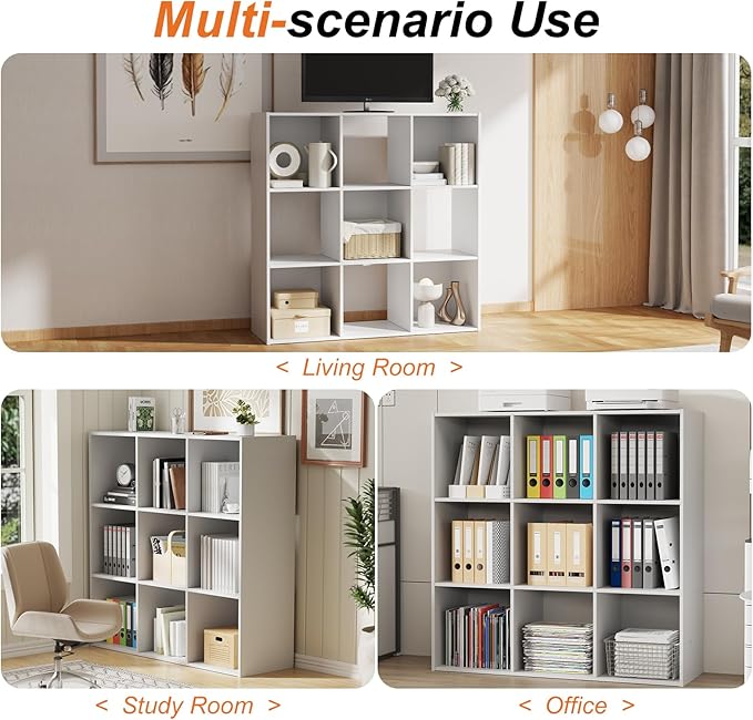 Sweetcrispy 9 Cube Storage Organizer - Open Cube Bookshelf with 5 Removable Back Panels, Display Storage Bookcase for Living Room, Bedroom, Entrance Hall, Home Office，36" L×11.6" W×36" H, White