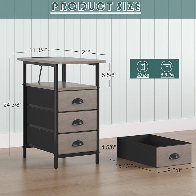 End Table with Charging Station, Side Tables Livingroom with USB Ports and Outlets,Narrow Nightstands Bedside Tables with 3 Drawers for Small Space,Slim Sofa Table Bedroom,Grey