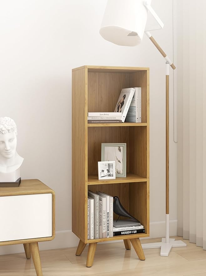 Manora Small Bookcase with 3 Open Shelves, Modern Bookshelf with Wooden Legs, Narrow Storage Organizer for Living Room, Bedroom, Office, Oak