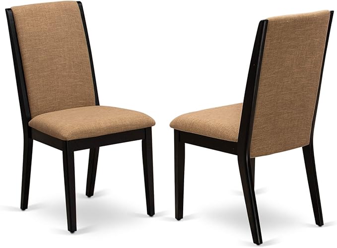 East West Furniture ESLA3-BCH-47 3 Piece Modern Dining Table Set Contains a Round Wooden Table with Pedestal and 2 Light Sable Linen Fabric Upholstered Chairs, 30x30 Inch, Black & Cherry