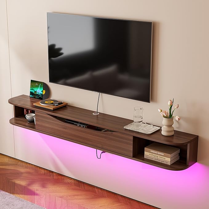 Floating TV Stand,55'' Wall Mounted TV Cabinet,Floating TV Console,Under TV Shelf with 1 Door and 2 Cabinets for TVs up to 65''(Walnut)