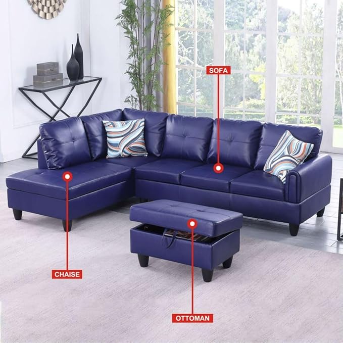Blue L-Shaped 3-Piece Faux Leather Sofa with Storage Ottoman Set, Sectional Couch Sofa Set for Living Room, Office, Small Space