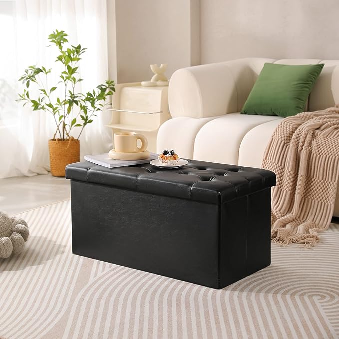 PRANDOM Extra Large Ottoman with Storage [1-Pack] Faux Leather Folding Small Square Foot Stool with Lid for Living Room Bedroom Coffee Table Dorm Black 30.5x15x15 inches